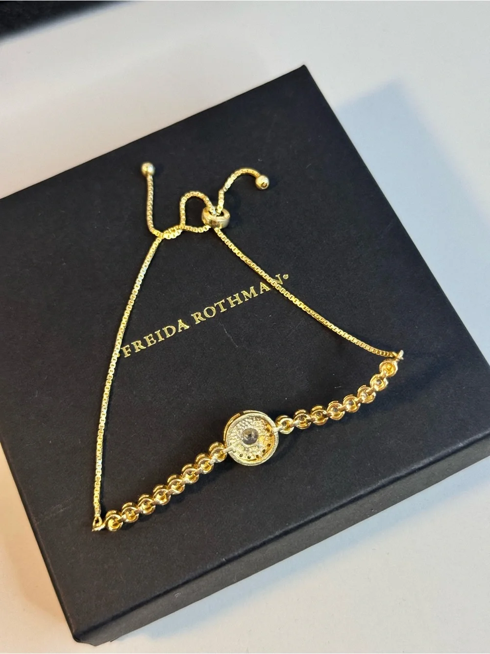 Freida Rothman Gold Plated Crystal Halo Tennis Adjustable Bracelet 925